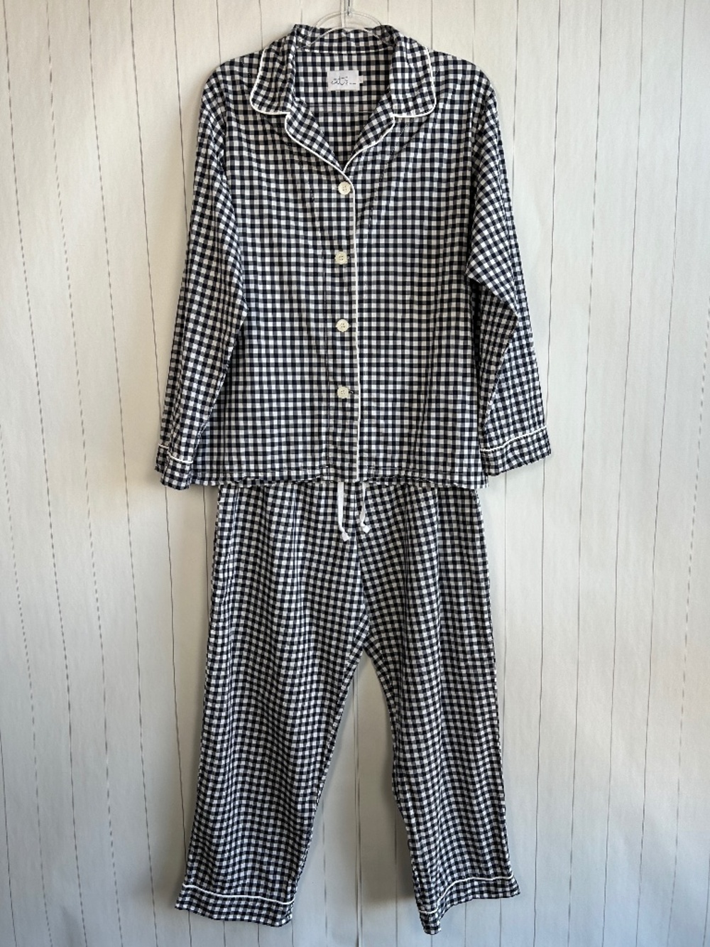 The Cat's Pajamas women size L gingham luxe pima pajama set navy long sleeve